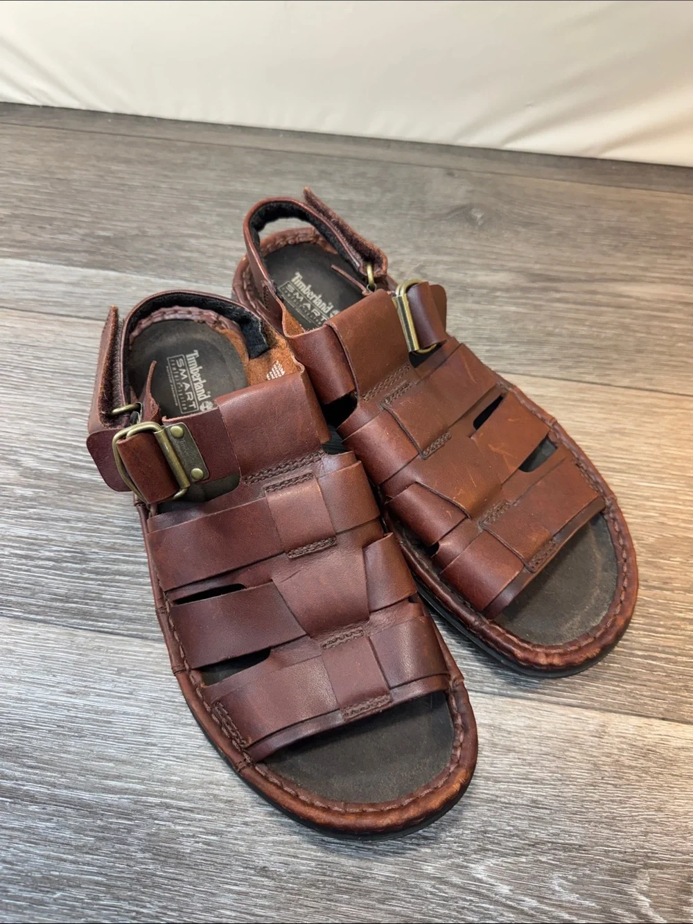 Timberland Men's Brown Leather Woven Fisherman Sandals Sz 11.5 (j296)